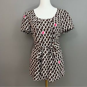 Lilly Pulitzer Puff Sleeve Blouse Tie Waist Brown Pink Origami Paper Crane Small